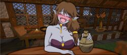 2girls alcohol bard black_choker blush breast_rest breasts breasts_on_table breton brown_hair choker cleavage closed_eyes colored_skin commission corset dark_elf dress drinking drunk dunmer earrings elf fang flute green_dress grey_skin hair_tie hoop_earrings instrument jewelry kiihkiih large_breasts lipstick long_hair makeup medieval messy_hair multiple_earrings multiple_girls open_mouth pixel_art pointy_ears sketch stud_earrings table tavern the_elder_scrolls the_elder_scrolls_ii:_daggerfall