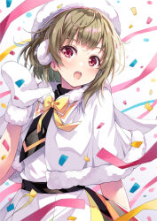 1girl blush bow bowtie brown_hair capelet colorful_dreams!_colorful_smiles!_(love_live!) commentary_request confetti dress earmuffs fur-trimmed_capelet fur-trimmed_gloves fur_trim gloves hand_up hat highres looking_at_viewer love_live! love_live!_nijigasaki_high_school_idol_club mittens nakasu_kasumi official_alternate_costume open_mouth red_eyes short_hair solo streamers upper_body wakui_tomo white_capelet white_dress white_hat white_mittens yellow_bow