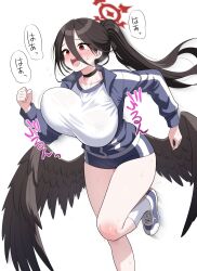 black_choker black_hair black_wings blue_archive bouncing_breasts breasts choker commentary_request feathered_wings hair_between_eyes halo hasumi_(blue_archive) hasumi_(track)_(blue_archive) highres huge_breasts jacket mole mole_under_eye moredetale open_clothes open_jacket open_mouth ponytail red_eyes red_halo running shorts socks white_background white_socks wings