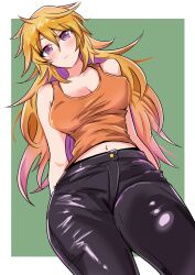 1girl absurdres bakuma bare_shoulders black_pants blonde_hair breasts cleavage highres large_breasts long_hair looking_at_viewer midriff orange_shirt pants purple_eyes rwby shirt solo yang_xiao_long