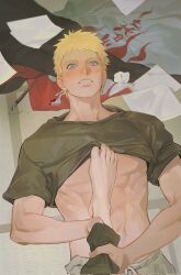 Rule 34 | 2boys, barefoot, blonde hair, blue eyes, blush, clothes lift, facial mark, green shirt, highres, holding another&#039;s legs, lying, male focus, multiple boys, naruto (series), no nipples, on ground, shirt, shirt lift, short hair, solo focus, spiked hair, sun to moon0703, teeth, toned, toned male, uchiha sasuke, uzumaki naruto, whisker markings