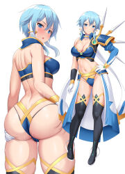 1girl armor ass asymmetrical_clothes bikini bikini_armor black_footwear blue_armor blue_eyes blue_hair boots breasts butt_crack cleavage commentary_request gloves grabbing_own_ass hair_tubes highleg highleg_bikini highres kawase_seiki large_breasts looking_at_viewer multiple_views navel short_hair short_hair_with_long_locks shoulder_armor single_sleeve sinon sinon_(solus) sweat swimsuit sword_art_online sword_art_online:_alicization thigh_boots white_background