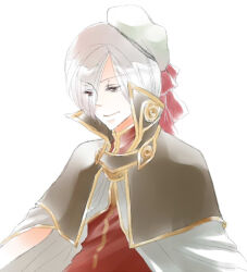 Rule 34 | 1boy, beret, brown capelet, brown eyes, capelet, closed mouth, commentary request, eyes visible through hair, grey hair, hair between eyes, hair over one eye, hat, long bangs, looking afar, looking down, male focus, micoto, ragnarok online, red shirt, shirt, short hair, simple background, smile, solo, upper body, white background, white capelet, white hat, wizard (ragnarok online)
