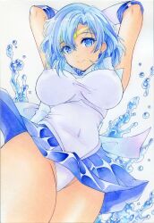 Rule 34 | 1girl, alternate breast size, bishoujo senshi sailor moon, blue eyes, blue hair, blue skirt, bodysuit, breasts, commentary request, covered erect nipples, covered navel, cowboy shot, elbow gloves, gloves, inner senshi, large breasts, nightmare77zx, panties, pantyshot, sailor mercury, sailor senshi uniform, short hair, skirt, smile, solo, underwear, water, white bodysuit