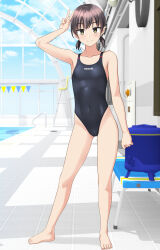 Rule 34 | 1girl, absurdres, barefoot, black one-piece swimsuit, breasts, brown hair, chair, clothes writing, collarbone, commentary request, competition swimsuit, covered navel, full body, green eyes, highleg, highleg one-piece swimsuit, highres, indoors, lifeguard chair, looking at viewer, low twintails, one-piece swimsuit, original, pool ladder, poolside, short hair, small breasts, solo, standing, string of flags, swimsuit, takafumi, twintails, v, variant set