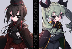 2girls anchovy_(girls_und_panzer) anzio_military_uniform arms_under_breasts belt black_bow black_coat black_jacket black_necktie black_ribbon bow breasts brown_eyes brown_hair coat cross crossed_arms drill_hair epaulettes garrison_cap girls_und_panzer gloves green_hair grey_background grey_jacket hair_bow hair_ribbon hat iron_cross jacket kuromorimine_military_uniform large_breasts long_hair looking_at_viewer military military_hat military_jacket military_uniform miniskirt multiple_girls natsusa_(nts_summer) necktie nishizumi_maho open_mouth pleated_skirt red_eyes red_shirt red_skirt ribbon sam_browne_belt shirt short_hair simple_background skirt solo twin_drills twitter_username white_gloves