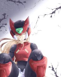 Rule 34 | 1boy, absurdres, against wall, armor, blonde hair, closed eyes, forehead jewel, helmet, highres, long hair, male focus, mega man (series), mega man zero (series), meshiuma0x, red armor, red helmet, sleeping, solo, upper body, zero(z) (mega man), zero (mega man)