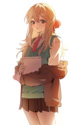 1girl absurdres blonde_hair blush brown_eyes brown_jacket brown_skirt collared_shirt hair_between_eyes hair_ribbon highres holding holding_paper jacket lee_yu-ri long_hair long_sleeves looking_at_viewer necktie open_clothes open_mouth paper pleated_skirt red_necktie red_ribbon ribbon rkgk_ymmm school_uniform shirt simple_background skirt solo sweater_vest vest white_background white_shirt zombie_high_school
