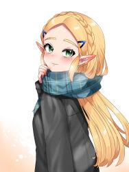 1girl alternate_costume black_coat blonde_hair blue_scarf blush braid breath closed_mouth coat crown_braid enpera eyelashes green_eyes hair_ornament hairclip highres long_hair looking_at_viewer nintendo plaid_clothes plaid_scarf pointy_ears princess_zelda scarf smile solo the_legend_of_zelda the_legend_of_zelda:_breath_of_the_wild upper_body wasabi_(legemd) winter_clothes