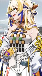 1girl arknights bare_shoulders bead_necklace beads blonde_hair breasts brooch collarbone commentary_request dragon_girl dragon_horns earrings eastern_dragon_horns gloves green_eyes horns jewelry long_hair long_sleeves medium_breasts mochusama necklace off_shoulder open_mouth pointy_ears shu_(arknights) smile solo strapless sweat tube_top white_tube_top yellow_gloves
