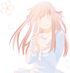 1girl brown_hair closed_eyes female_focus fruits_basket honda_tooru interlocked_fingers long_sleeves munage4 pale_color petals school_uniform serafuku smile solo