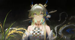 1girl arknights bare_shoulders breasts brooch closed_mouth collarbone dragon_girl dragon_horns dragon_tail earrings eastern_dragon_horns eastern_dragon_tail green_eyes hair_between_eyes hair_ornament highres horns jewelry lingear long_hair looking_at_viewer medium_breasts plant pointy_ears rice_(plant) shirt shu_(arknights) solo strapless strapless_shirt tail tassel tassel_earrings tube_top white_tube_top