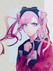 1girl black_bow bow closed_mouth eyelashes hair_bow hand_up headband highres looking_at_viewer matching_hair/eyes pink_eyes pink_hair simple_background solo the_hundred_line_-last_defense_academy- tsukumo_kako