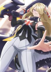 Rule 34 | 1girl, absurdres, blonde hair, commentary request, cynthia (arc suit) (pokemon), cynthia (pokemon), detached sleeves, from below, garchomp, gen 4 pokemon, grey eyes, hair ornament, hair over one eye, highres, holding, holding poke ball, long hair, long sleeves, looking at viewer, mochitaro (mothitaroo), nintendo, official alternate color, official alternate costume, pants, poke ball, poke ball (basic), pokemon, pokemon (creature), pokemon masters ex, smile, very long hair, white pants