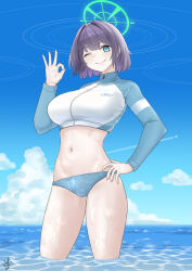 1girl ;) bikini bikini_bottom_only black_hair blue_archive blue_bikini blue_eyes blue_sky blue_sleeves breasts closed_mouth cloud commentary_request day green_halo hair_between_eyes halo hand_on_own_hip highres jacket large_breasts long_sleeves looking_at_viewer midriff multicolored_jacket navel ocean official_alternate_costume ok_sign one_eye_closed outdoors raglan_sleeves rash_guard saki_(blue_archive) saki_(swimsuit)_(blue_archive) short_hair sidelocks signature sky smile solo standing swimsuit tonakai-san_(107569oekaki) two-tone_jacket wading wet white_jacket