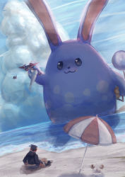 &gt;_&lt; 1boy :3 absurdres anso arm_up azumarill beach beach_umbrella berry black_eyes black_footwear black_hair black_jacket blue_shorts blue_sky carrying closed_eyes closed_mouth cloud colored_sclera crab crying dark-skinned_male dark_skin day dragapult dragon dreepy dutch_angle food food_on_face from_behind full_body gen_1_pokemon gen_2_pokemon gen_8_pokemon giant gym_leader highres holding hood hoodie horizon jacket krabby long_sleeves male_focus nintendo ocean open_mouth outdoors pokemon pokemon_(creature) pokemon_swsh raihan_(pokemon) sand shoes short_hair shorts sitting sky smile solo_focus standing tears umbrella water yellow_sclera