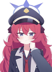 Rule 34 | 1girl, 1other, :t, ?? (user cytk7578), absurdres, black hat, black jacket, black shirt, blue archive, blue eyes, blue halo, blush, closed mouth, collarbone, commentary, grabbing another&#039;s face, halo, hat, head grab, highres, iroha (blue archive), jacket, long hair, looking at viewer, necktie, peaked cap, red hair, red necktie, shirt, simple background, white background