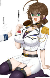 Rule 34 | ahoge, arm support, belt, blush, bra, breasts, brown hair, chamumi (mochiumee), chocolate, cleavage, detached arm, epaulettes, female admiral (kancolle), food, garter belt, green eyes, highres, holding, holding food, holding popsicle, kantai collection, kneehighs, large breasts, midriff, military uniform, mole, mole under mouth, open mouth, out of frame, popsicle, skirt, socks, translation request, underwear