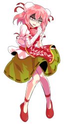 1girl bandaged_arm bandages breasts bun_cover commentary dairi double_bun flower full_body green_skirt hair_between_eyes hair_bun hand_up ibaraki_kasen knees_together_feet_apart large_variant_set looking_at_viewer medium_breasts medium_hair open_mouth pink_eyes pink_flower pink_hair print_tabard puffy_short_sleeves puffy_sleeves red_ribbon red_shoes red_tabard ribbon shaded_face shirt shoes short_sleeves skirt solo standing tabard tachi-e thighs touhou variant_set white_shirt