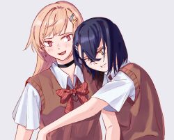 2girls black_choker black_hair blonde_hair bow bowtie brown_sweater_vest choker collared_shirt commentary earrings egakuning english_commentary grey_background hair_ornament hairclip heart heart_earrings highres jewelry long_hair mole mole_under_eye multiple_girls open_mouth orange_eyes pink_eyes red_bow red_bowtie seiyuu_radio_no_uraomote shirt short_hair simple_background smile sweater_vest upper_body utatane_yasumi white_shirt yuugure_yuuhi