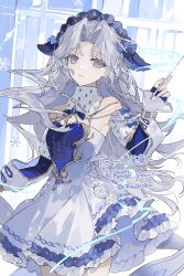 1girl absurdres bare_shoulders braid breasts cowboy detached_collar detached_sleeves dress frilled_dress frills grey_hair hand_up highres horns long_hair long_sleeves looking_at_viewer original parted_bangs purple_eyes purple_hair rgb12800 smile snowflakes solo twitter_username western white_dress