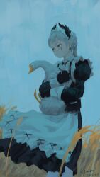 1girl absurdres ambience_synesthesia animal apron arknights bird black_dress black_gloves blue_sky closed_mouth dated day dress earrings feet_out_of_frame gloves goose grey_eyes grey_hair head_wings highres holding holding_animal irene_(arknights) irene_(voyage_of_feathers)_(arknights) jewelry juliet_sleeves long_hair long_sleeves official_alternate_costume outdoors ponytail puffy_sleeves scar scar_across_eye scar_on_face signature sky solo standing ujin_holo wheat white_apron wings
