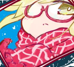 1girl artoria_pendragon_(fate) blonde_hair blush brown_eyes close-up closed_mouth commentary_request fate/grand_order fate_(series) glasses kasuga_yuuki mysterious_heroine_x_alter_(fate) red-framed_eyewear red_scarf scarf semi-rimless_eyewear solo under-rim_eyewear