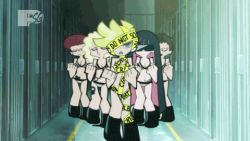 5girls animated animated_gif anime_screenshot bikini caution_tape cosplay dancing lady_gaga_(copyright) lady_gaga_(cosplay) logo lowres mtv multiple_girls non-web_source panty_&amp;_stocking_with_garterbelt panty_(psg) parody stocking_(psg) sunglasses swimsuit telephone_(lady_gaga)