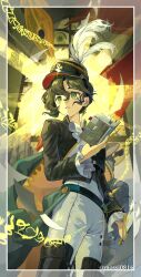 Rule 34 | 1girl, absurdres, black boots, black jacket, boots, border, brown hair, cape, casting spell, cowboy shot, glowing, green cape, green eyes, hand up, hat, hat feather, highres, holding, holding notebook, holding sword, holding weapon, jacket, looking afar, military hat, mole, mole under eye, mossi (mossi0816), notebook, pants, parted lips, recoleta (reverse:1999), reverse:1999, sash, short hair, shoulder sash, solo, sword, thigh boots, transparent border, weapon, white pants, window