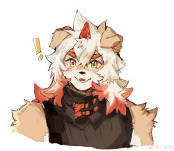 ! 1boy arknights black_shirt bupiyo chinese_commentary colored_tips commentary_request fangs furry furry_male highres horns hung_(arknights) komainu_boy komainu_ears male_focus multicolored_hair open_mouth orange_eyes shirt single_horn sleeveless sleeveless_shirt smile upper_body watermark weibo_watermark white_background