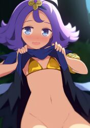 1girl acerola_(pokemon) bikini black_dress blue_dress blue_eyes blush bottomless clothes_lift cowboy_shot creatures_(company) curakuru dress dress_lift flat_chest game_freak gold_bikini golden_week highres medium_hair navel nintendo pokemon pokemon_sm purple_hair solo swimsuit