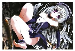 1girl 2000s_(style) absurdres ankle_garter barefoot bloom breasts feathers frills girl&#039;s_avenue hair_ornament headdress highres huge_filesize katana long_hair magazine_scan megami_magazine nipples official_art on_one_knee original panties purple_eyes reflection scan sheath silver_hair skirt small_breasts solo sword takahashi_tetsuya torn_clothes underwear weapon wind wind_lift