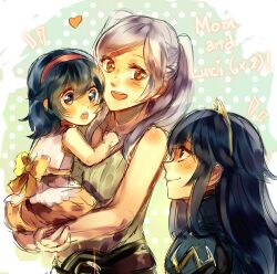 3girls :d :o aged_down back_bow blue_eyes blue_hair bow braid camisole carrying child child_carry collarbone dual_persona female_robin_(fire_emblem) fire_emblem fire_emblem_awakening hairband heart highres kash-phia long_hair looking_at_another lucina_(fire_emblem) mother_and_daughter multiple_girls nintendo open_mouth red_hairband sketch smile teeth tiara twintails upper_teeth_only white_camisole white_hair yellow_bow