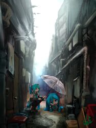 Rule 34 | 2girls, :d, aqua eyes, aqua necktie, aqua trim, black boots, black skirt, black sleeves, boots, collared shirt, commentary request, detached sleeves, double-parted bangs, grey shirt, hair between eyes, hair ornament, hatsune miku, highres, holding, holding umbrella, hylran0427, knee boots, mikudayo, multiple girls, necktie, open mouth, pleated skirt, rain, scenery, shirt, skirt, slums, smile, squatting, twintails, umbrella, vocaloid