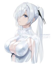 1girl absurdres armpit_cutout artist_name blue_eyes bodysuit breasts cinderella_(nikke) citrus_lemon cleavage clothing_cutout commentary_request cropped_torso expressionless goddess_of_victory:_nikke hair_over_one_eye highres large_breasts long_hair looking_at_viewer see-through_bodysuit see-through_clothes sidelocks signature simple_background solo stomach_cutout twintails white_background white_bodysuit