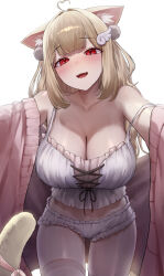 1girl absurdres ahoge animal_ear_fluff animal_ears breasts brown_hair cardigan cat_ears cat_girl cat_tail collarbone commentary commentary_request commission english_commentary fangs hair_ornament highres kemomimi_refle! large_breasts long_hair looking_at_viewer midriff monegi nekoma_karin open_cardigan open_clothes open_mouth panties pink_cardigan pixiv_commission red_eyes simple_background single_off_shoulder smile tail underwear virtual_youtuber white_background white_panties