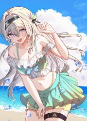 1girl absurdres alternate_costume bare_shoulders bikini bikini_skirt black_hairband blush breasts cleavage collarbone firefly_(honkai:_star_rail) frilled_bikini frilled_bikini_top frills green_bikini grey_hair gruisin hair_between_eyes hair_intakes hair_ornament hairband highres honkai:_star_rail honkai_(series) large_breasts leaning_forward long_hair navel open_mouth pink_hair smile stomach swimsuit thigh_strap