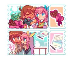1boy 1girl aubrey_(faraway)_(omori) aubrey_(omori) black_shirt blue_eyes blue_hairband box brown_hair candy chibi chibi_only chocolate chocolate_heart closed_mouth ear_piercing envelope food hairband heart heart-shaped_box heart-shaped_food holding holding_envelope huasuan69416 kel_(faraway)_(omori) kel_(omori) long_hair lower_teeth_only omori open_mouth parted_lips piercing pink_hair shirt short_hair short_sleeves teeth white_shirt