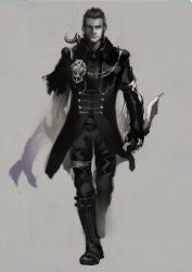 1boy beard boots dagger facial_hair final_fantasy final_fantasy_xv full_body kingsglaive:_final_fantasy_xv kingsglaive_garb knife kukri long_coat mad369 male_focus monochrome nyx_ulric reverse_grip solo spot_color weapon