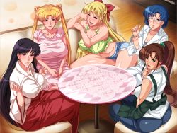 5girls aino_minako apron bishoujo_senshi_sailor_moon black_hair blonde_hair blue_eyes blue_hair blush bow breasts brown_hair couch denim dress glasses green_eyes hair_bobbles hair_bow hair_ornament hino_rei huge_breasts japanese_clothes jeans kimono kino_makoto lab_coat large_breasts legs long_hair looking_at_viewer mario_(mario_portal) miko mizuno_ami multiple_girls aged_up open_mouth pants pink_dress plump ponytail purple_eyes sailor_jupiter sailor_mars sailor_mercury sailor_moon sailor_venus shirt short_hair shorts sitting smile table tank_top team-tanabe thighs tsukino_usagi twintails white_shirt