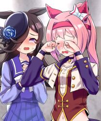 2girls animal_ears black_hair blue_flower blue_rose bowler_hat closed_eyes commentary crying ear_covers english_commentary flipped_hair flower haru_urara_(umamusume) hat headband horse_ears horse_girl long_hair multiple_girls navel open_mouth pink_hair pleated_skirt purple_eyes purple_sailor_collar purple_shirt purple_skirt red_headband rice_shower_(umamusume) rose sailor_collar school_uniform serafuku shirt skirt starting_future_(umamusume) tears tilted_headwear tracen_school_uniform umamusume upper_body wavy_mouth winter_uniform yokoshima_(euphoria)