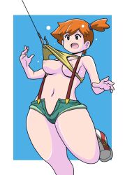Rule 34 | 1girl, back, bare arms, bare shoulders, blush, breasts, covered erect nipples, denim, denim shorts, female focus, gym leader, hair tie, koutarosu, large breasts, legs, miniskirt, misty (pokemon), nintendo, nipples, open mouth, orange hair, pokemon, pokemon (anime), pokemon (classic anime), ponytail, shirt, shoes, short, shorts, side ponytail, simple background, skirt, sleeveless, sneakers, solo, suspenders, sweat, sweatdrop, tank top, thick thighs, thighs, topless female, white background, wide hips, yellow shirt