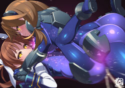 Rule 34 | 1futa, 1girl, artist name, ass, blush, bodysuit, breasts, brown hair, clothed sex, cum, cum overflow, energy drain, futa with female, futanari, gloves, glowing, glowing eyes, gummyrise, hair ribbon, hairband, holding hands, implied futanari, interlocked fingers, large breasts, long hair, looking at another, lying, lyrical nanoha, mahou shoujo lyrical nanoha strikers, missionary, numbers&#039; uniform, numbers (nanoha), on back, quattro (nanoha), ribbon, sex, shiny clothes, signature, skin tight, smile, takamachi nanoha, tribadism, twintails, vaginal, white ribbon, yellow eyes