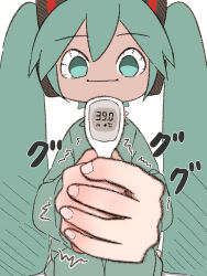 1girl 39 :i aqua_eyes aqua_hair bananafish1111 bloodshot_eyes digital_thermometer false_smile foreshortening hair_ornament hatsune_miku headphones highres holding holding_thermometer long_hair own_hands_together pajamas sitting smile solo thermometer trembling very_long_hair vocaloid wide-eyed