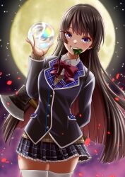 1girl arm_behind_back axe black_hair black_jacket blazer bow bowtie braid brown_sweater clover cowboy_shot crystal eyelashes frilled_skirt frills grey_skirt hair_ornament hairclip half_up_braid highres holding holding_axe holding_crystal jacket long_hair long_sleeves looking_at_viewer masatoshi_1219 miniskirt nijisanji plaid_clothes plaid_lapels plaid_skirt purple_eyes red_bow red_bowtie red_ribbon ribbon skirt smile solo standing sweater thighhighs tsukino_mito tsukino_mito_(1st_costume) very_long_hair virtual_youtuber zettai_ryouiki