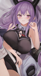 Rule 34 | 1girl, above cleavage cutout, absurdres, arknights, bare shoulders, belt, black hairband, black horns, black one-piece swimsuit, blush, breasts, fake horns, hairband, highres, horns, kyuu (q des9), large breasts, long hair, looking at viewer, no panties, one-piece swimsuit, pink eyes, purple hair, solo, swimsuit, typhon (arknights), white belt