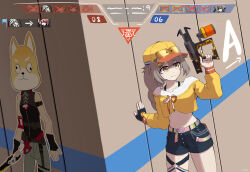 2girls baseball_cap black_gloves black_shirt bobblehead brown_hair closed_mouth commentary cropped_jacket fingerless_gloves flamethrower gameplay_mechanics gloves hashtag-only_commentary hat hiding highres holding holding_sword holding_weapon jacket kokona_(strinova) long_hair mara_(strinova) multiple_girls nervous pants shirt shorts single_glove sleeveless sleeveless_shirt strinova sword user_interface weapon yellow_eyes yellow_hat yellow_jacket yuitak