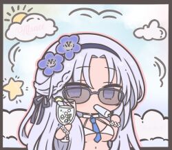 Rule 34 | 1girl, alsace (azur lane), alsace (heat beating summer sacrament) (azur lane), artist name, azur lane, between breasts, bikini, blue eyes, blue hair, blue necktie, breasts, character name, chibi, chibi only, cloud, cloudy sky, commentary, cup, flower, food, futaba (anti clockwise), hair flower, hair ornament, holding, holding cup, holding food, holding popsicle, ice, ice cube, large breasts, long hair, looking at viewer, necktie, necktie between breasts, official alternate costume, popsicle, sky, solo, star (symbol), sun, sunglasses, swimsuit, symbol-only commentary, very long hair, white bikini