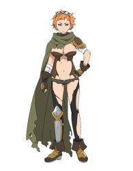 1girl anime_coloring armor bandaged_arm bandages bikini_armor black_thighhighs boots breasts brown_boots brown_eyes brown_gloves brown_hair cleavage cloak closed_mouth full_body gloves goggles goggles_on_head green_cloak hand_on_own_hip large_breasts looking_at_viewer maou-sama_retry! mikan_(maou-sama_retry!) nakayama_chiyo navel official_art short_hair simple_background solo standing thighhighs torn_clothes torn_thighhighs transparent_background v-shaped_eyebrows