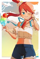 1girl blue_eyes blue_shorts crop_top cup drinking_glass drinking_straw facing_viewer highres holding holding_cup ice ice_cube looking_to_the_side midriff navel nintendo official_alternate_costume one_eye_closed pokemon pokemon_masters_ex red_hair shorts skyla_(pokemon) skyla_(summer_2025)_(pokemon) solo tnm_ilu twitter_username